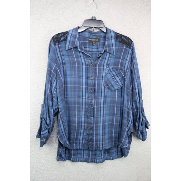 Lane Bryant Long Roll Tabbed Sleeve Button Up Plaid Top-Lace-Size 18/20 - Picture 1 of 13